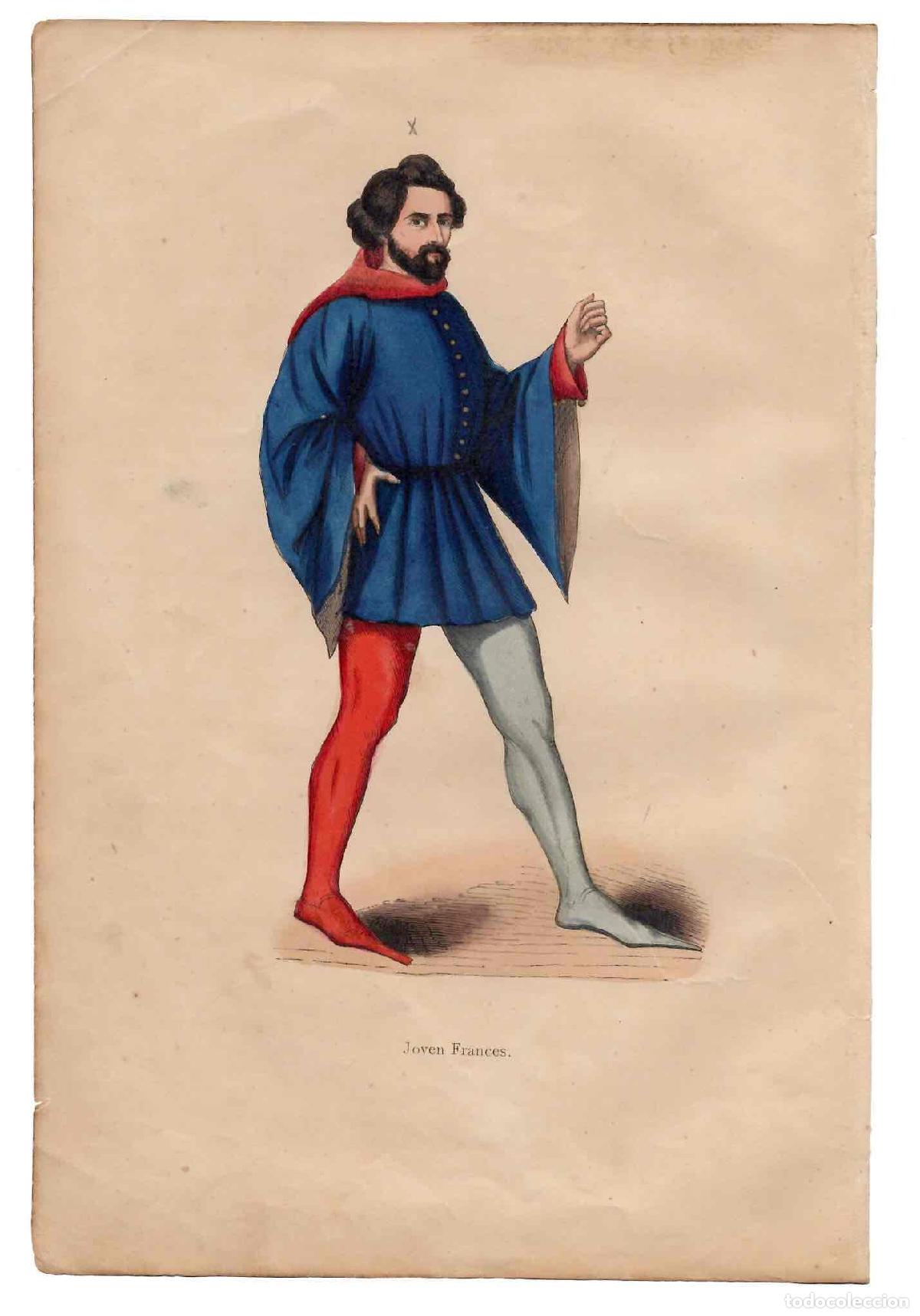 Arte: GRABADO COLOREADO A MANO JOVEN FRANCES. TRAGES Y COSTUMBRES DE LA EDAD MEDIA 1846