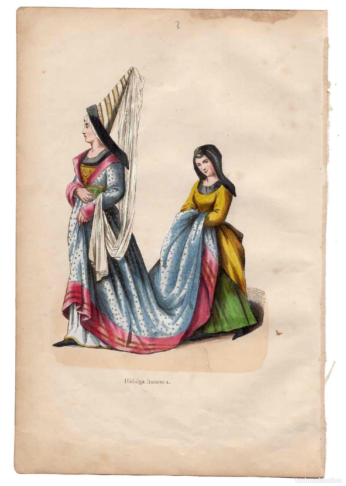 Arte: GRABADO COLOREADO A MANO HIDALGA FRANCESA. TRAGES Y COSTUMBRES DE LA EDAD MEDIA 1846