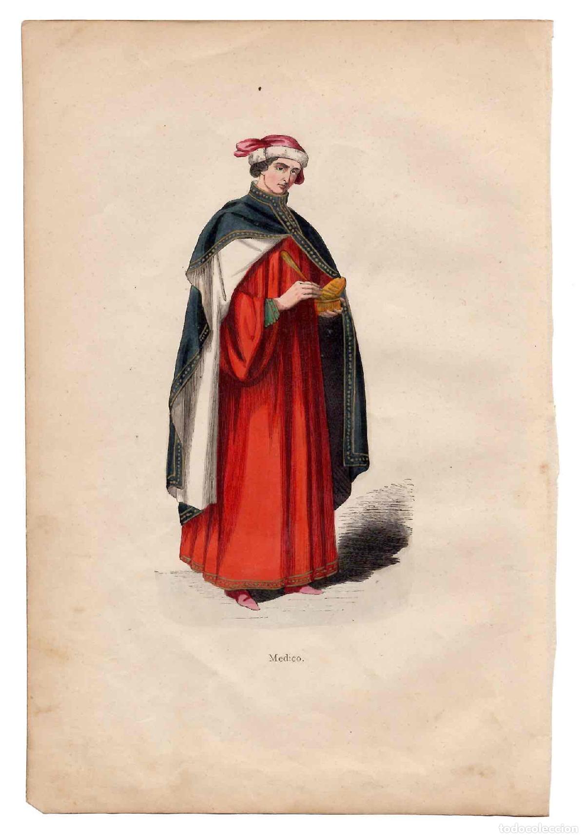Arte: GRABADO COLOREADO A MANO MEDICO. TRAGES Y COSTUMBRES DE LA EDAD MEDIA 1846