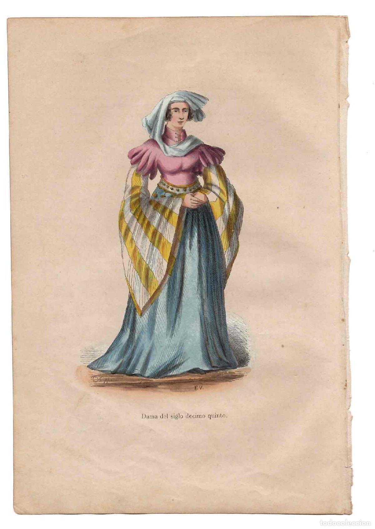 Arte: GRABADO COLOREADO A MANO DAMA DEL SIGLO XV. TRAGES Y COSTUMBRES DE LA EDAD MEDIA 1846