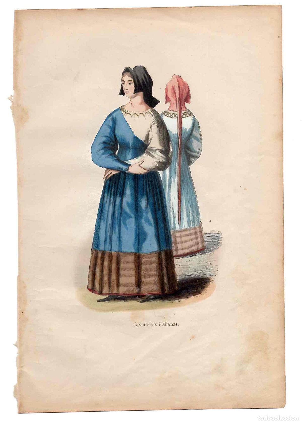 Arte: GRABADO COLOREADO A MANO JOVENCITAS ITALIANAS. TRAGES Y COSTUMBRES DE LA EDAD MEDIA 1846