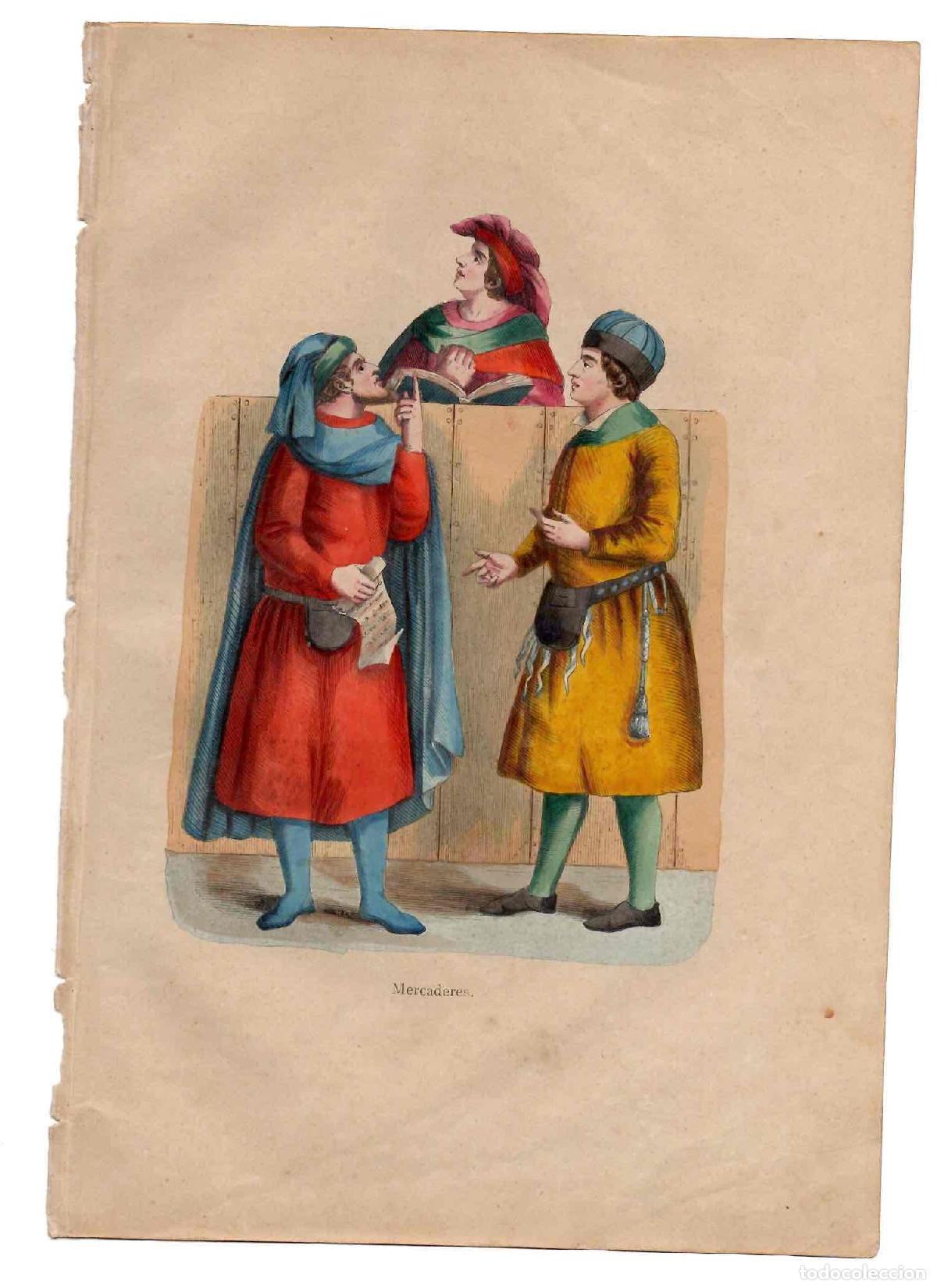 Arte: GRABADO COLOREADO A MANO MERCADERES. TRAGES Y COSTUMBRES DE LA EDAD MEDIA 1846