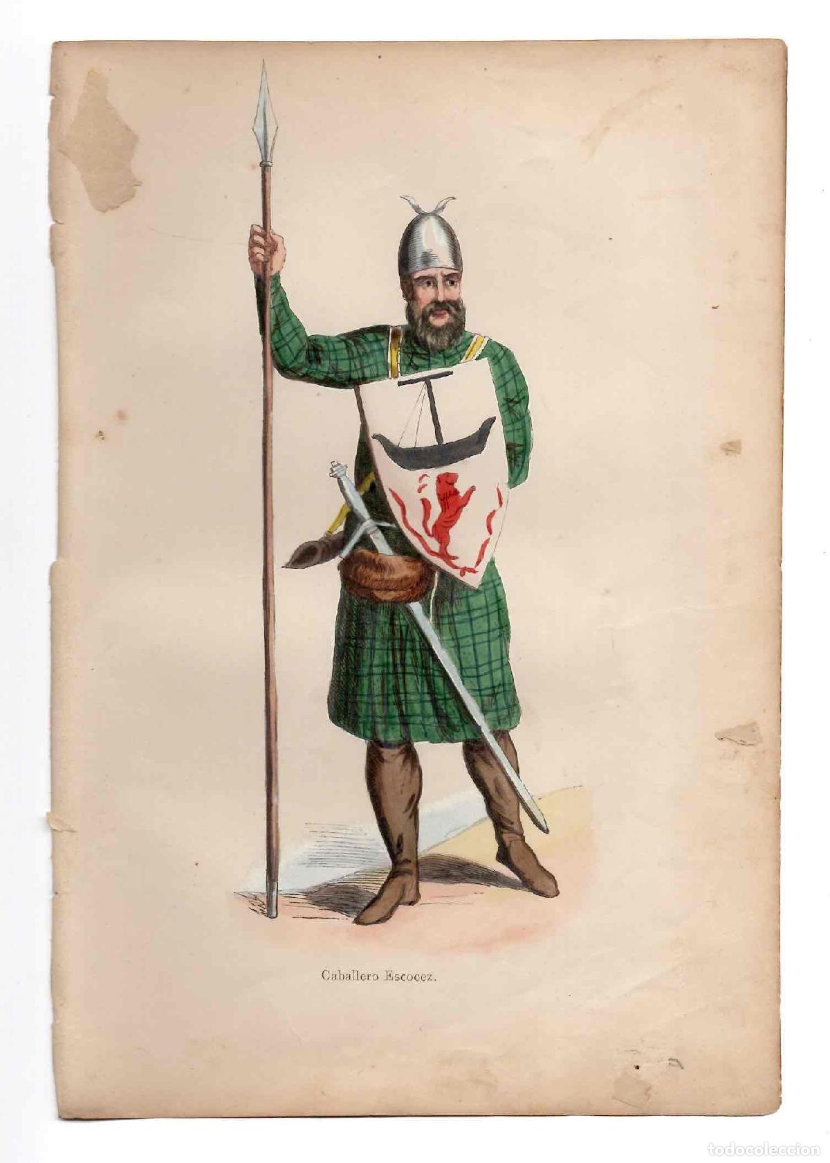 Arte: GRABADO COLOREADO A MANO CABALLERO ESCOCES. TRAGES Y COSTUMBRES DE LA EDAD MEDIA 1846