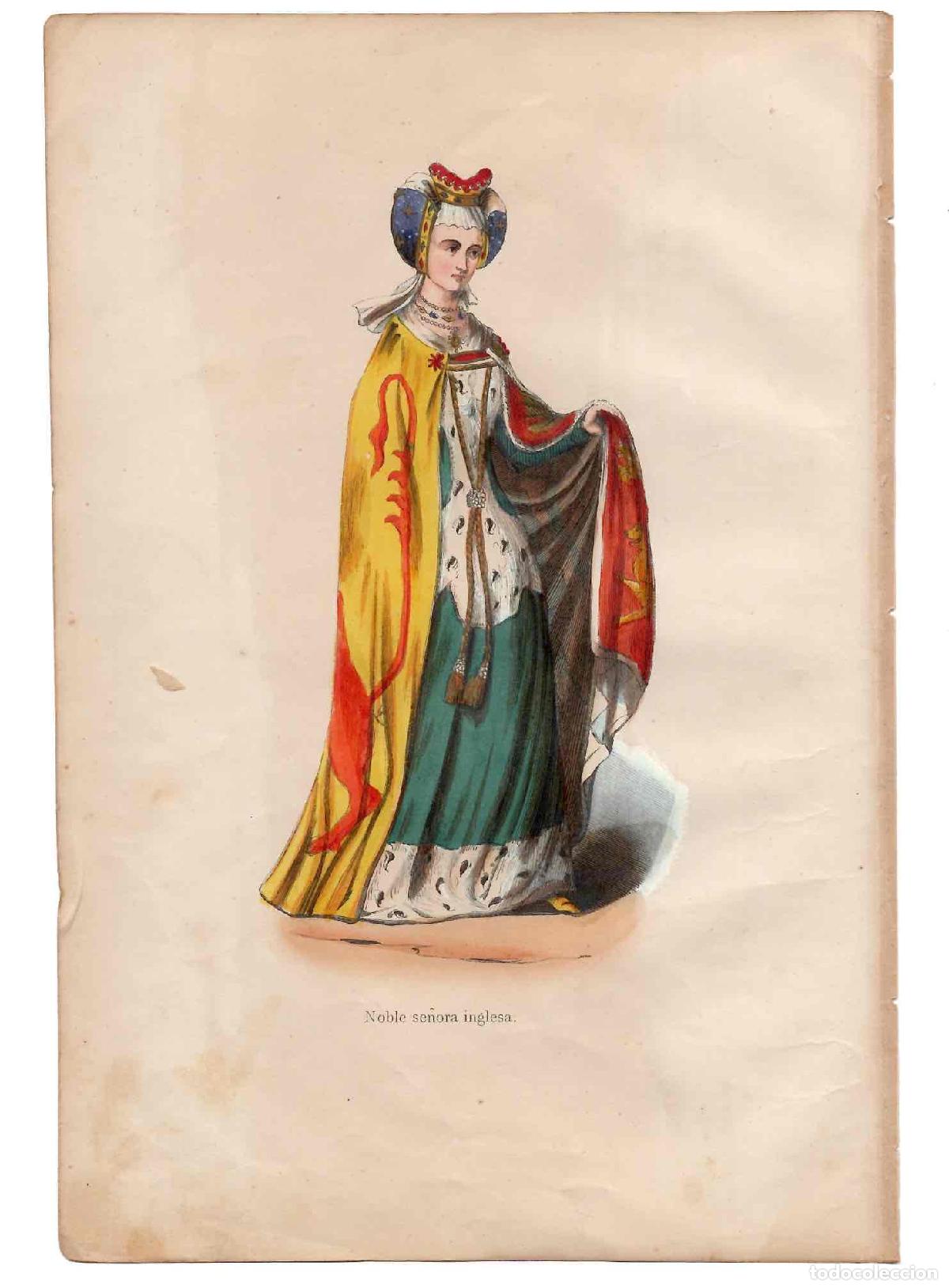 Arte: GRABADO COLOREADO A MANO NOBLE SE&Ntilde;ORA INGLESA. TRAGES Y COSTUMBRES DE LA EDAD MEDIA 1846