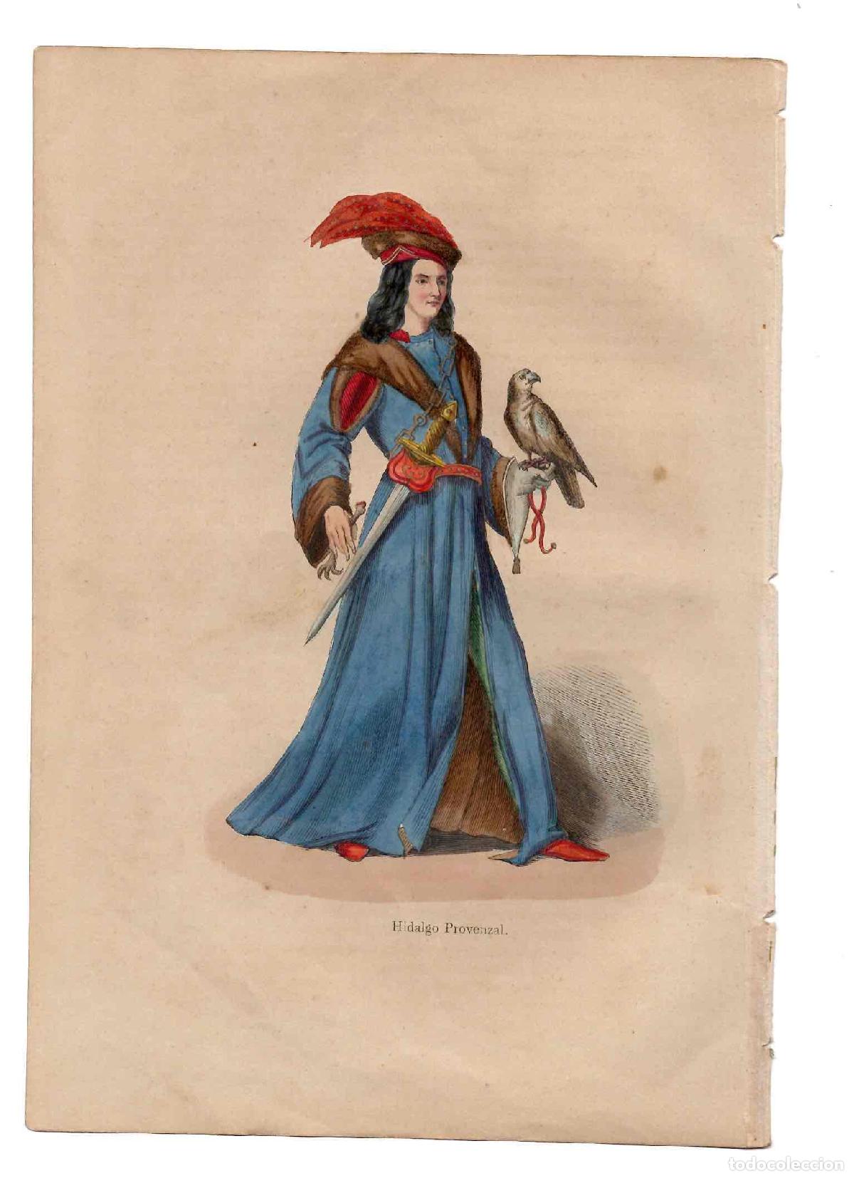 Arte: GRABADO COLOREADO A MANO HIDALGO PROVENZAL. TRAGES Y COSTUMBRES DE LA EDAD MEDIA 1846