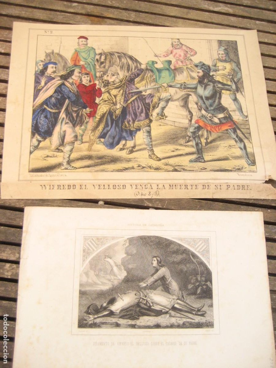 Arte: 2 grabado Guifr&eacute; el Pil&oacute;s Wifredo el Velloso venga la muerte de su padre Lit Industrial Quincallera