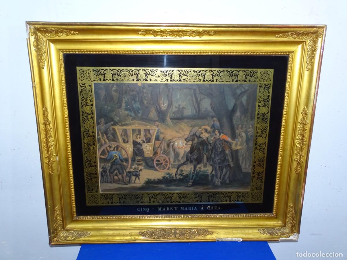 Arte: GRABADO FRANC&Eacute;S SIGLO XVIII-XIX CINQ -MARS Y MARIA A CAZA. MARCOS EPOCA.