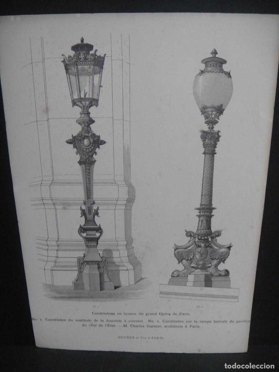 Arte: grabado , farolas de bronce de la opera de paris - ducher et cie. paris