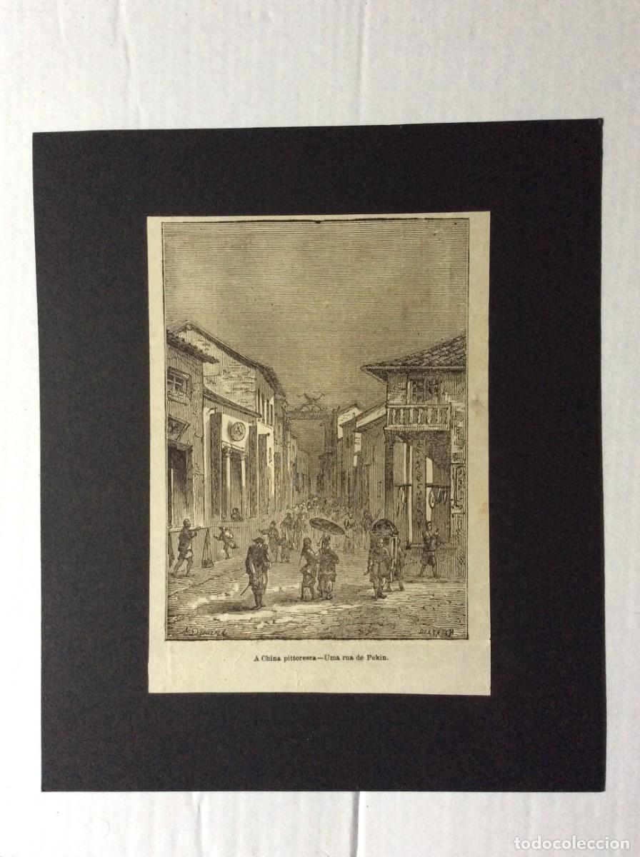 Art: Tema: A China pittoresca. Uma rua de Pekin. Xilogravura de 1880