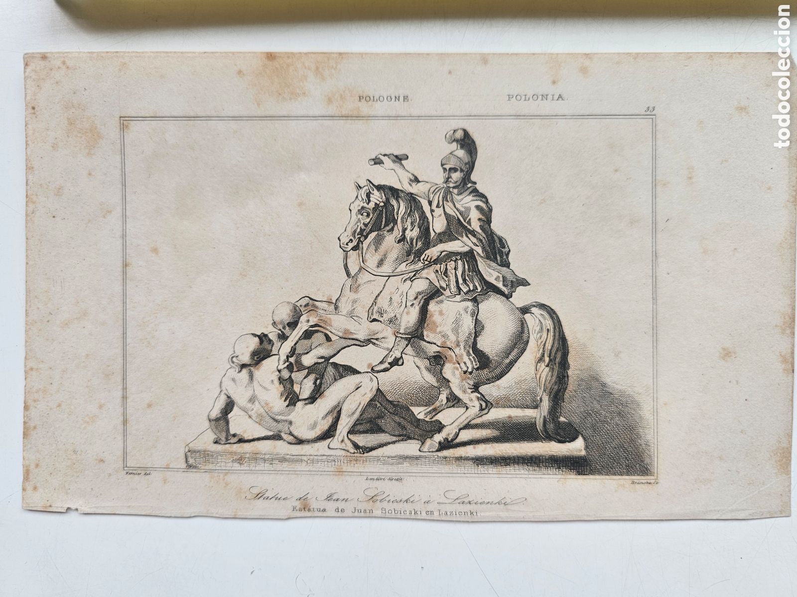 Arte: Grabado S. XIX - Estatua de Juan Sobieski en Lazienki (Polonia) - Vernier/Branche