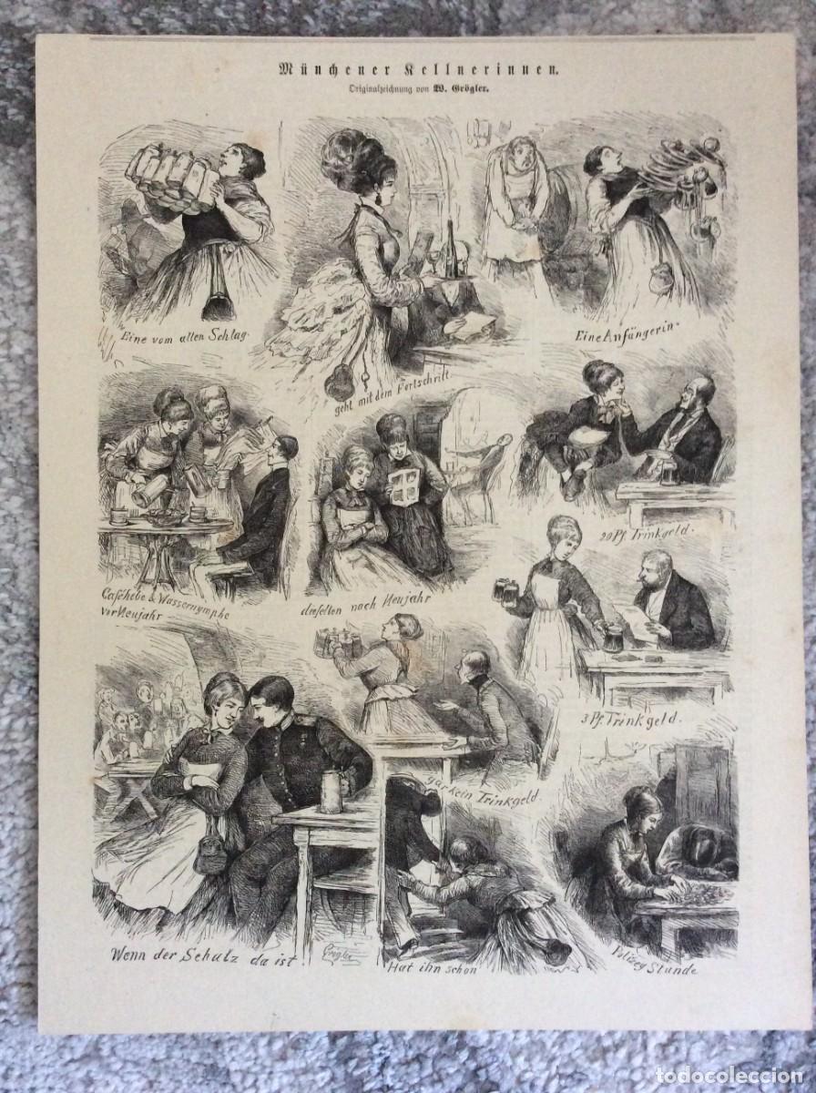 Arte: As Gar&ccedil;onetes de Munique. Xilogravura original alem&atilde; do s&eacute;culo XIX