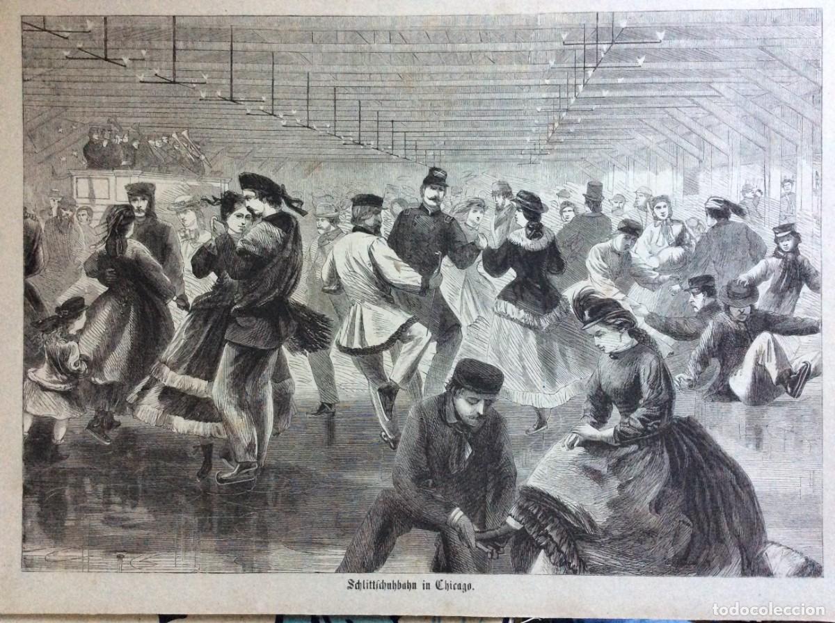 Arte: Pista de patinagem em Chicago. Xilogravura alem&atilde; do s&eacute;culo XIX