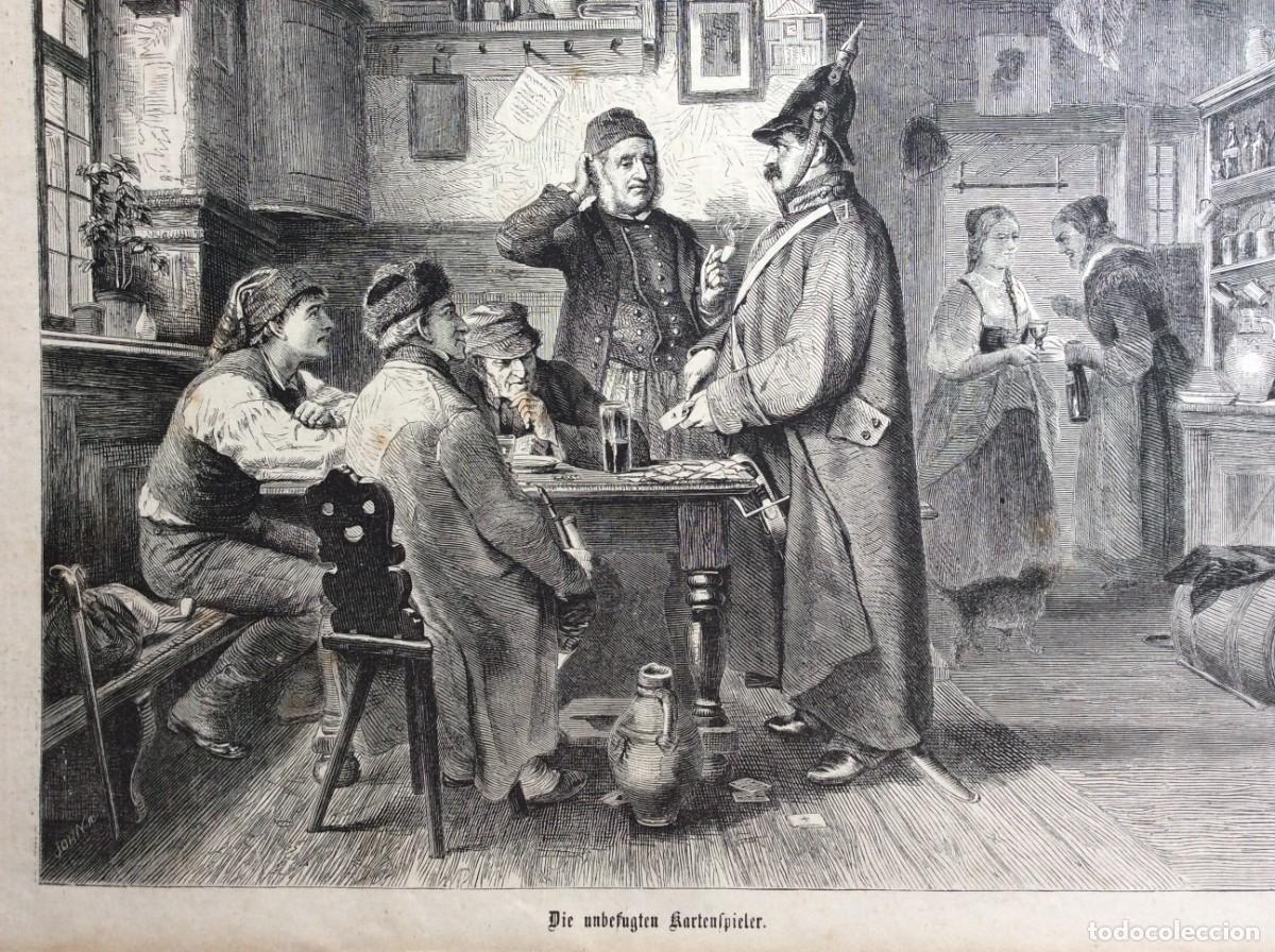 Arte: Os jogadores de cartas n&atilde;o autorizados. Xilogravura original alem&atilde; do s&eacute;culo XIX