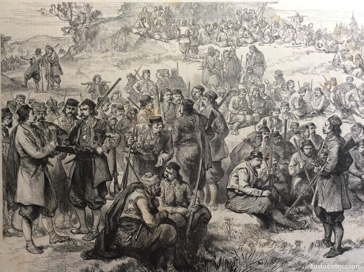 Arte: INSURGENTES DE HERZEGOWINIA, ESPERANDO A GUERRA - Xilogravura alem&atilde; do s&eacute;culo XIX