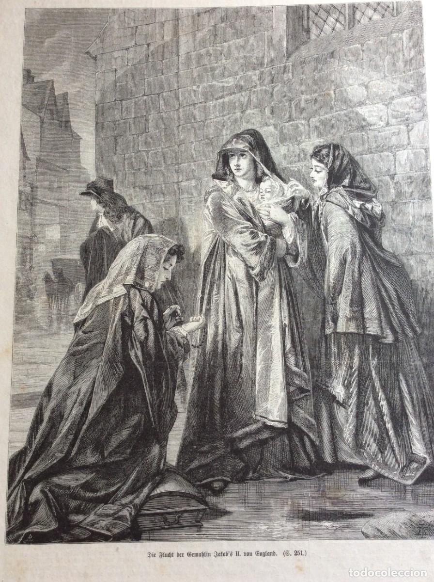 Arte: A fuga da esposa de Jaime II de Inglaterra e Esc&oacute;cia. Xilogravur original alem&atilde; do s&eacute;culo XIX Dimen