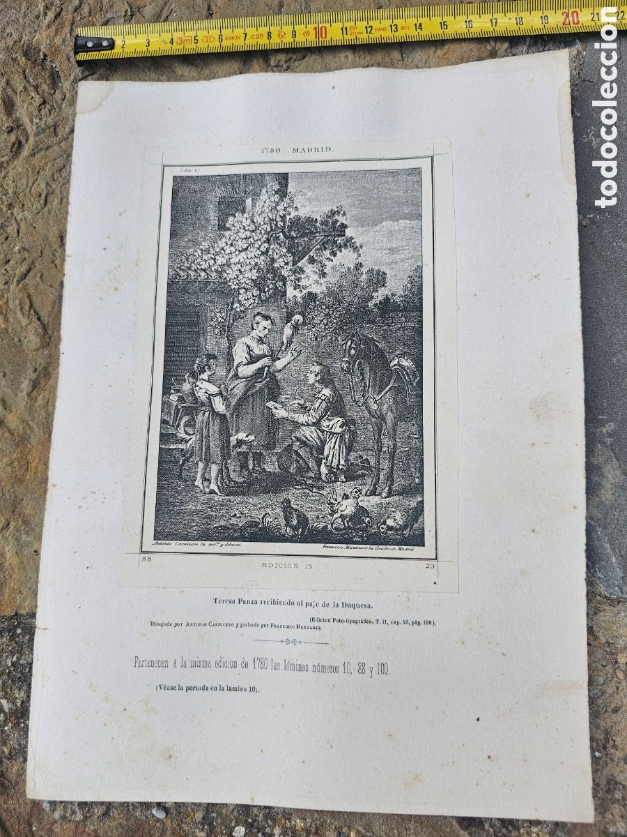 Arte: L&aacute;mina Antigua &rdquo;El Quijote&rdquo; (Edici&oacute;n 1780) - Teresa Panza y el Paje - Antonio Carnicero S.XIX