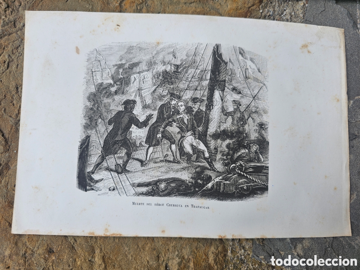 Arte: Grabado Antiguo: Muerte del H&eacute;roe Churruca en la Batalla de Trafalgar (S. XIX)