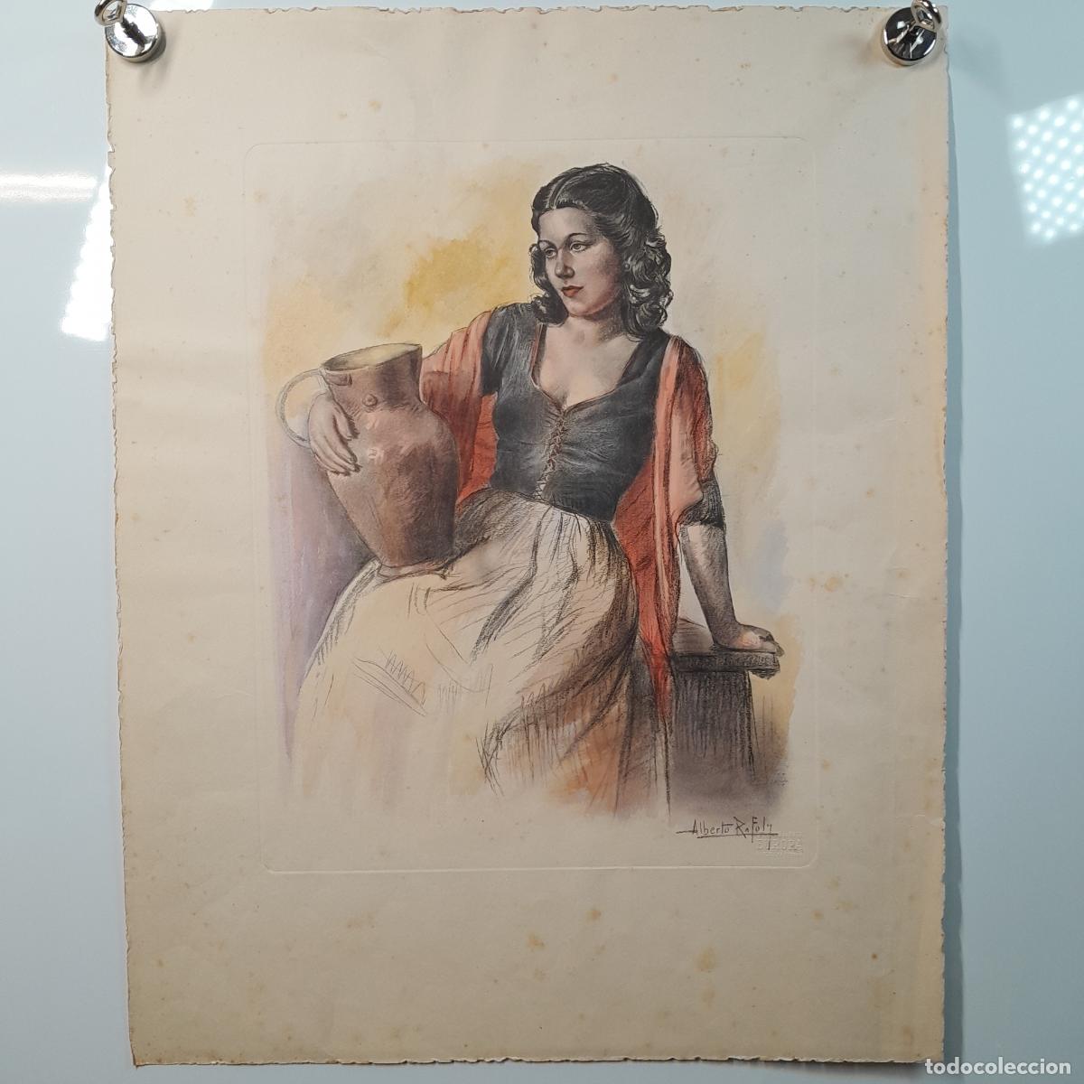 Art: ALBERTO RAFOLS CULLERES (BARCELONA, 1892-1986). GRABADO COLOREADO. RETRATO DE MUJER. MEDIADOS S. XX.