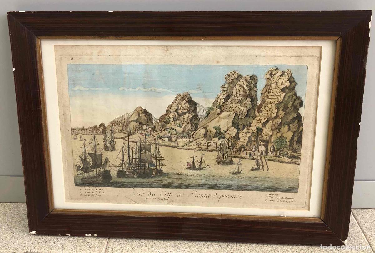Arte: VISTA OPTICA COLOREADA CABO DE BUENA ESPERANZA. VUE DU CAP DE BONNE ESPERANCE. MONDHAR PARIS. C.1750