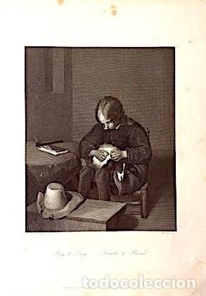 Arte: Gerard Ter Borch : El cazador de pulgas. 1849. Grabado al acero (Payne)