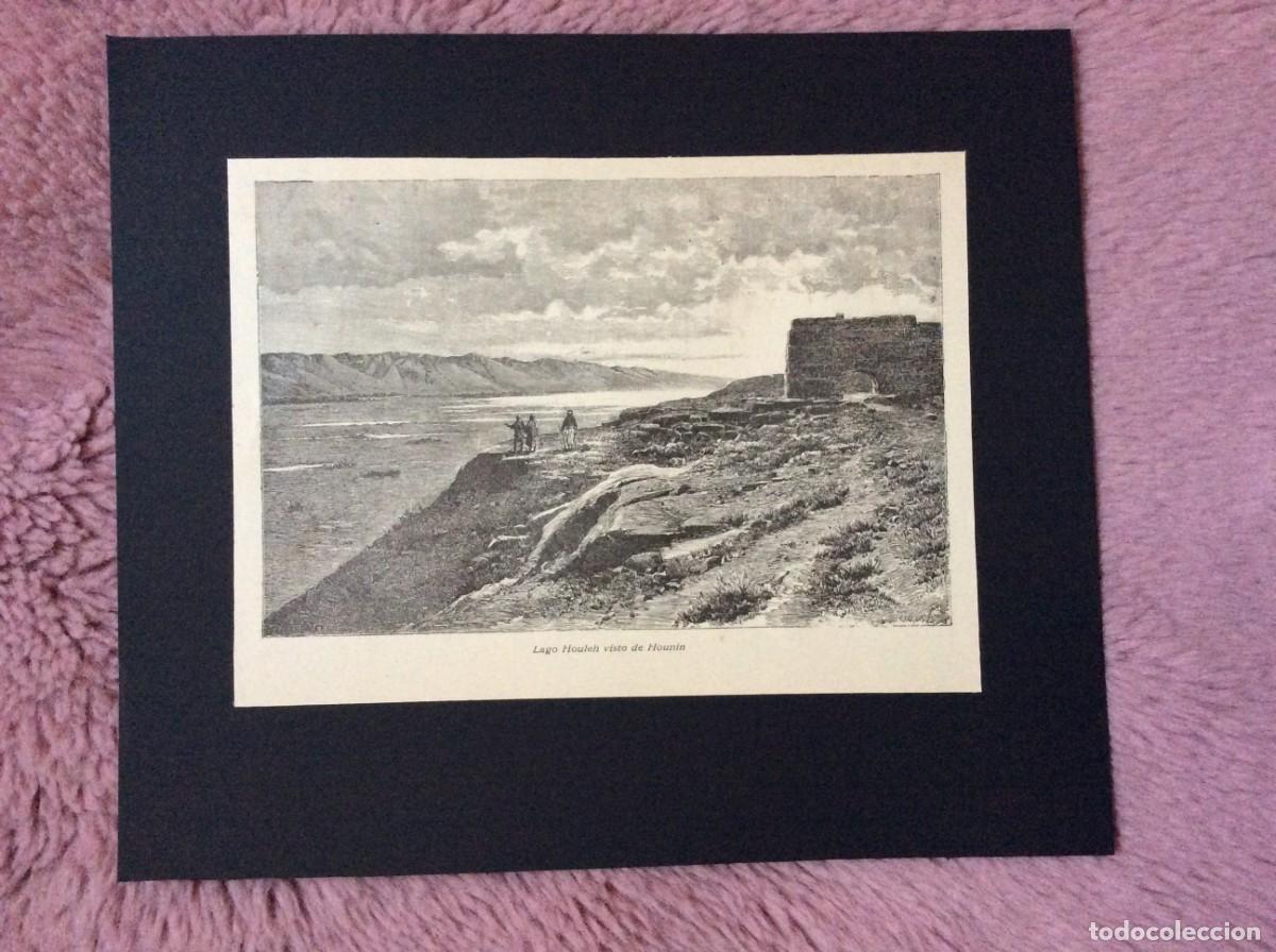 Arte: Tema: M&eacute;dio Oriente - Lago Houleh visto de Hounin( Norte de Israel ) Xilogravura do s&eacute;culo XIX