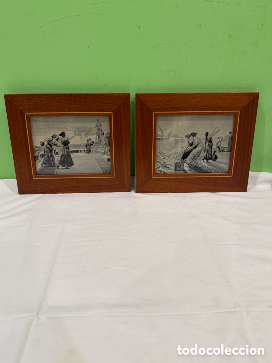Arte: Pareja Cuadros Antiguos Grabados sobre Tela Escena Cl&aacute;sica Marco Madera Alta Calidad Bajo Cristal