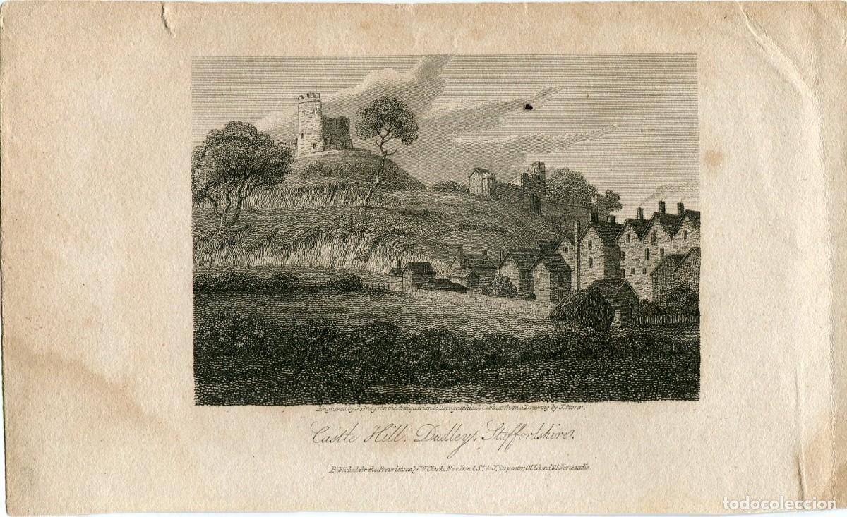 Arte: Dudley. Staffordshire. Peque&ntilde;o grabado de Castle Hill por J. Greig.