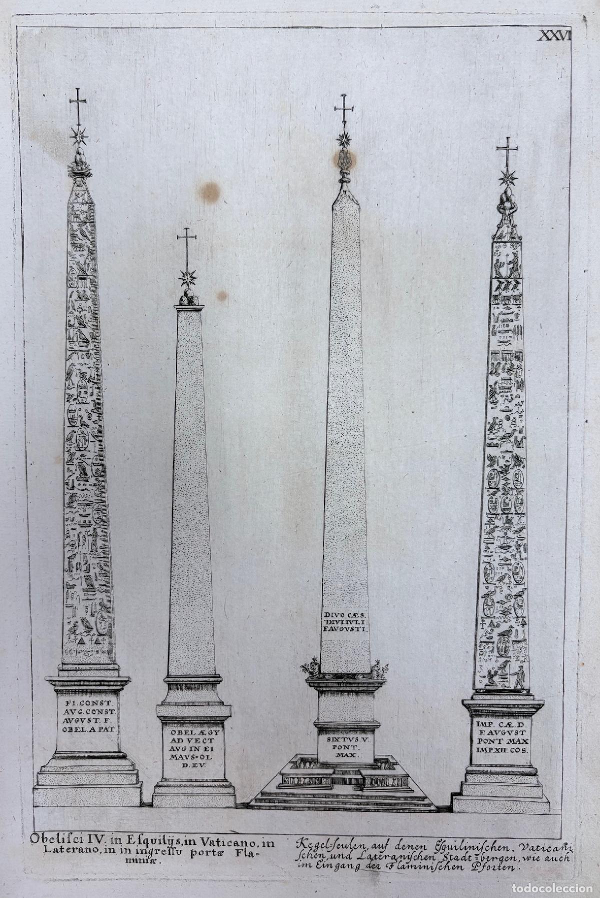 Arte: GRABADO CALCOGR&Aacute;FICO ARQUEOL&Oacute;GICO CON OBELISCOS DE ROMA. SIGLO XVIII