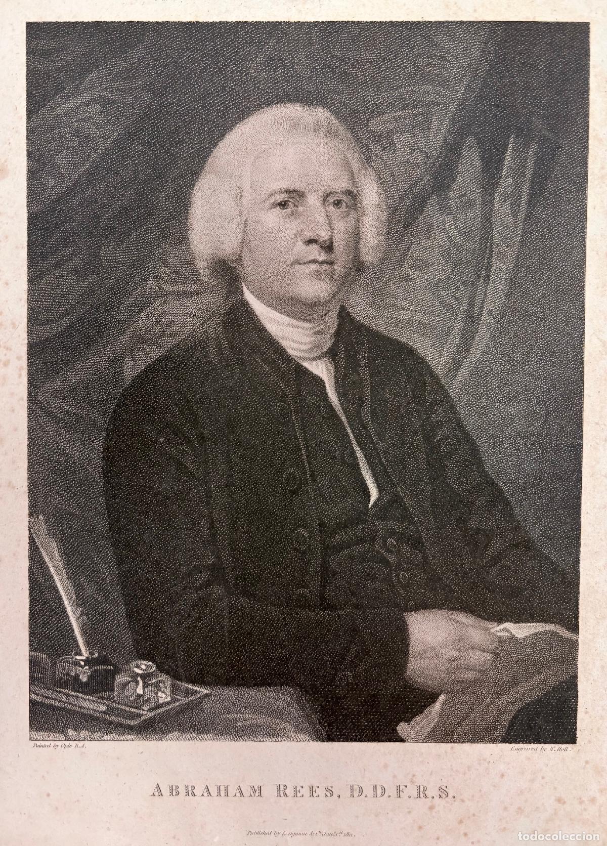 Arte: GRABADO CALCOGR&Aacute;FICO INGL&Eacute;S CON RETRATO DE ABRAHAM REES, SIGLO XVIII