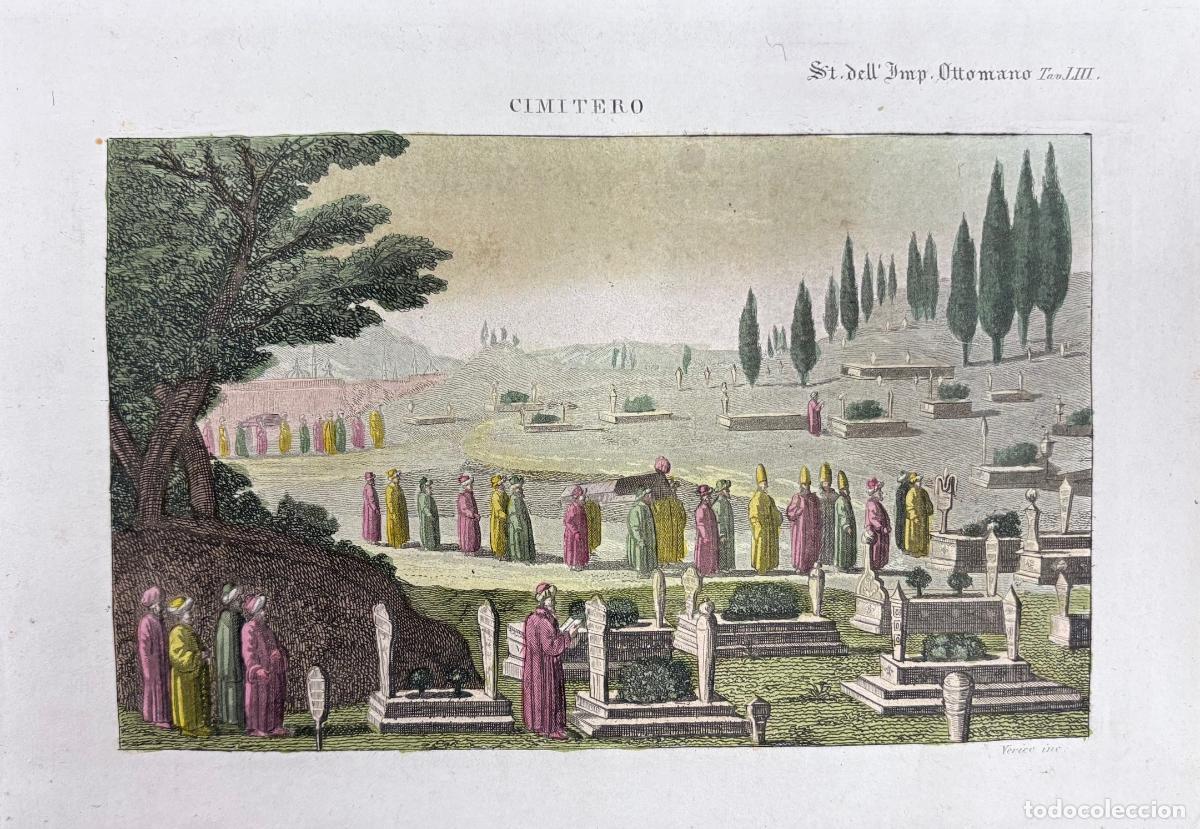 Arte: GRABADO CALCOGR&Aacute;FICO COLOREADO A MANO CON VISTA DE CEMENTERIO OTOMANO. SIGLO XIX