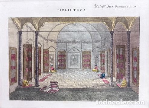 Arte: GRABADO CALCOGR&Aacute;FICO COLOREADO A MANO CON INTERIOR DE BIBLIOTECA OTOMANA. SIGLO XIX