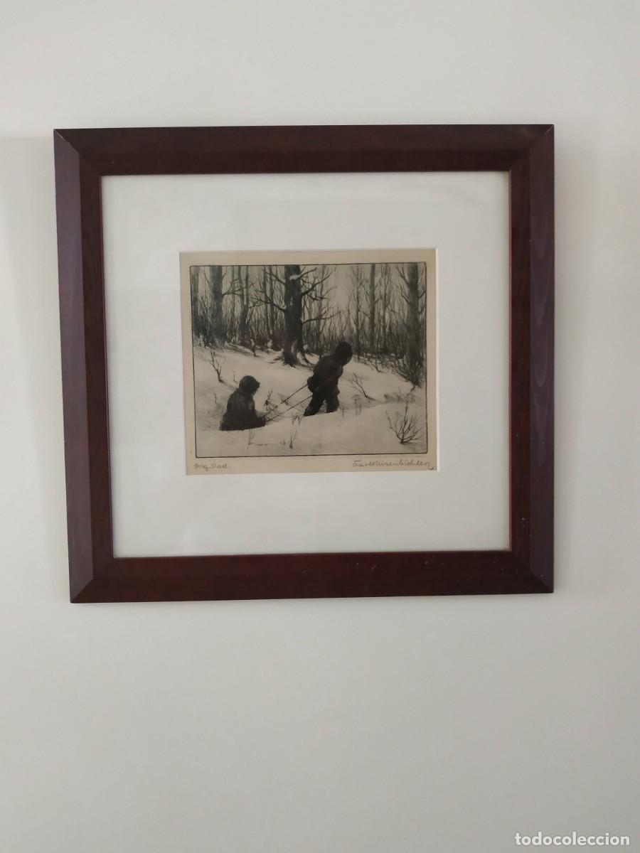 Arte: Karl Reisenbichler (1885-1962) grabado ni&ntilde;os en la nieve.