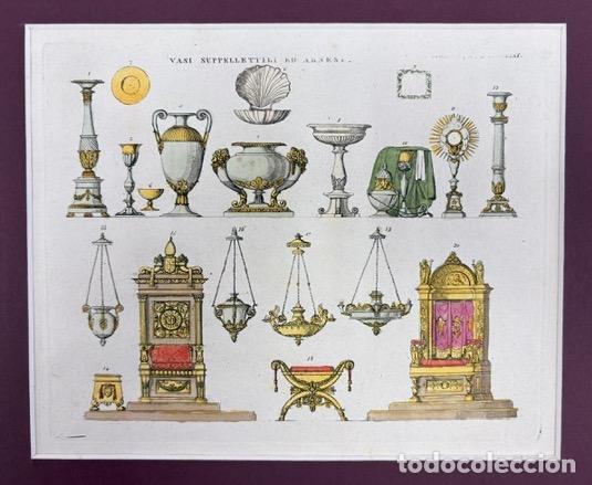 Arte: GRABADO CALCOGR&Aacute;FICO COLOREADO A MANO DE ORFEBRER&Iacute;A &rdquo;VASI SUPPELLETTILI ED ARNESI&rdquo;. SIGLO XVIII