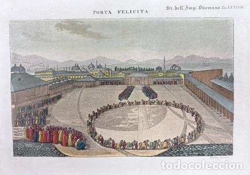 Arte: GRABADO CALCOGR&Aacute;FICO COLOREADO A MANO CON ESCENA CEREMONIAL OTOMANA. SIGLO XVIII