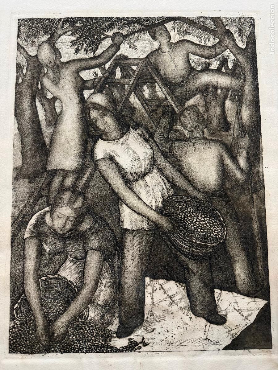 Arte: Antiguo grabado, aguafuerte Fernando Briones. -recoleccion- mediados S.XX. 58x43cm total