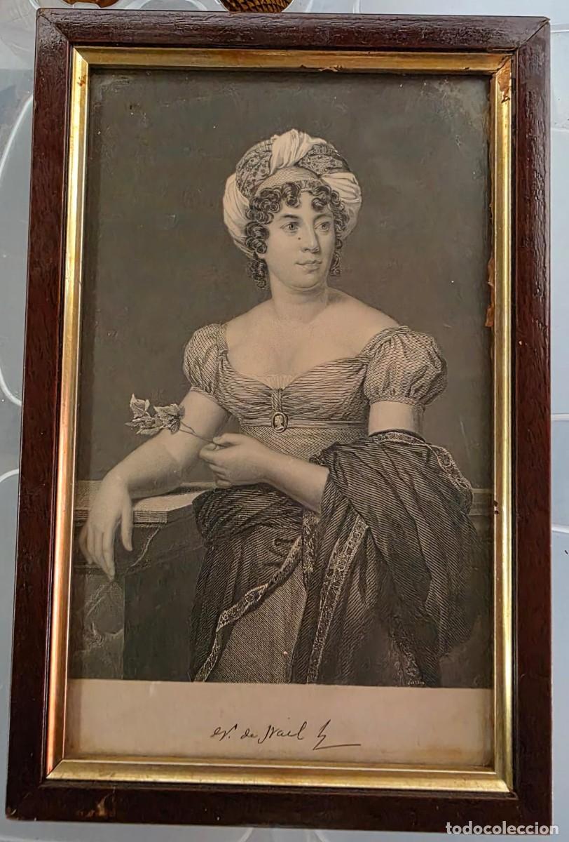 Arte: Grabado Antiguo Siglo XVIII Madame de Sta&euml;l Enmarcado 24x16 cm Retrato Cl&aacute;sico