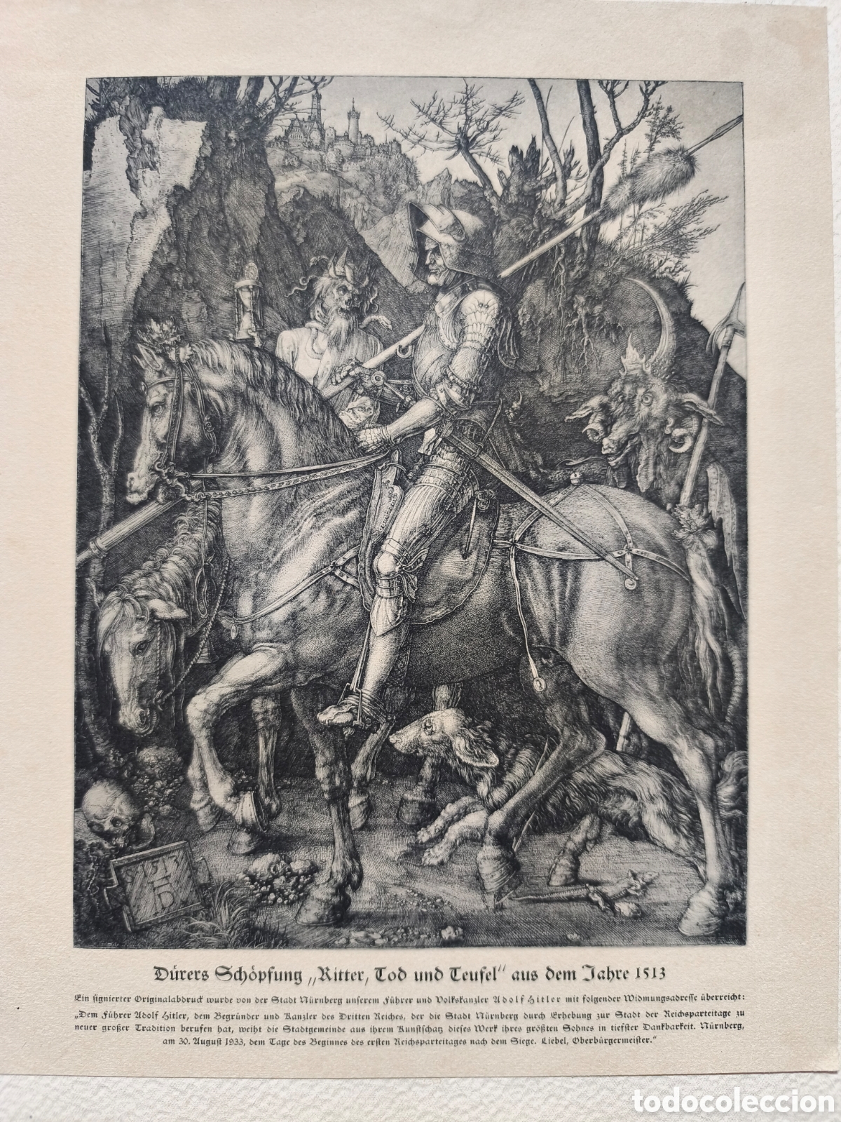 Arte: Grabado &rdquo;El Caballero, la Muerte y el Diablo&rdquo; de Durero.Edici&oacute;n conmemorativa a Hitler, N&uacute;remberg'33
