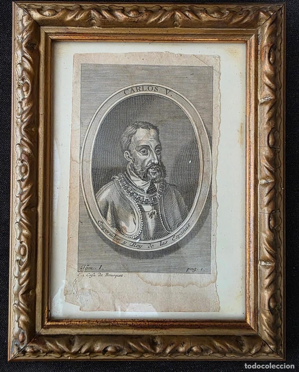 Arte: Grabado antiguo &ldquo;Carlos V Emperador y Rey de las Espa&ntilde;as&rdquo; con marco dorado cl&aacute;sico 21x16 cm
