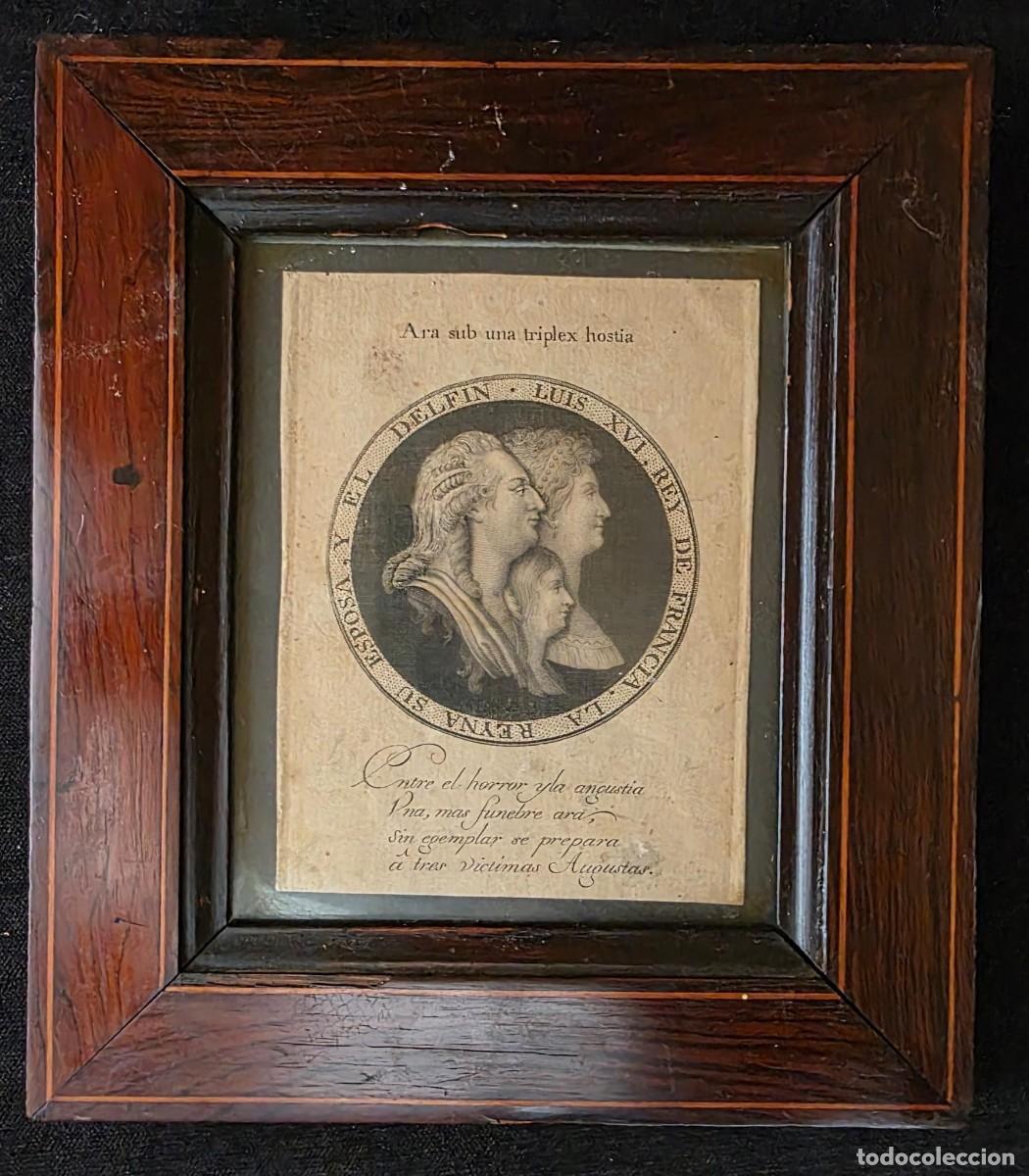 Arte: Grabado antiguo retrato Luis XVI, Mar&iacute;a Antonieta y Delf&iacute;n con marco de madera 22x19 cm