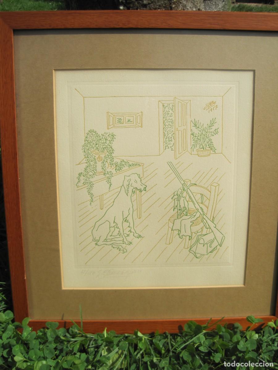 Arte: GRABADO A DOS TINTAS - ESCENA INTERIOR DE CAZA - PERRO - ESCOPETA