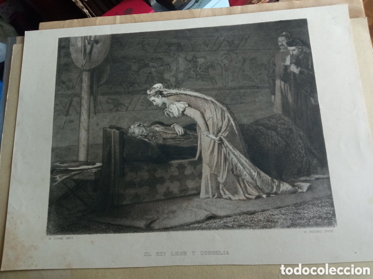 Arte: El Rey Lear y Cordelia, antiguo grabado por W. RIdgway, mide 30,8x22,3cm y la imagen 23,5x18,5cm