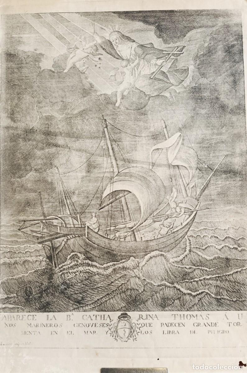 Arte: GRABADO ORIGINAL. APARECE LA BEATA CATHALINA THOM&Aacute;S A UNOS MARINEROS...MUNTANER (MALLORCA)