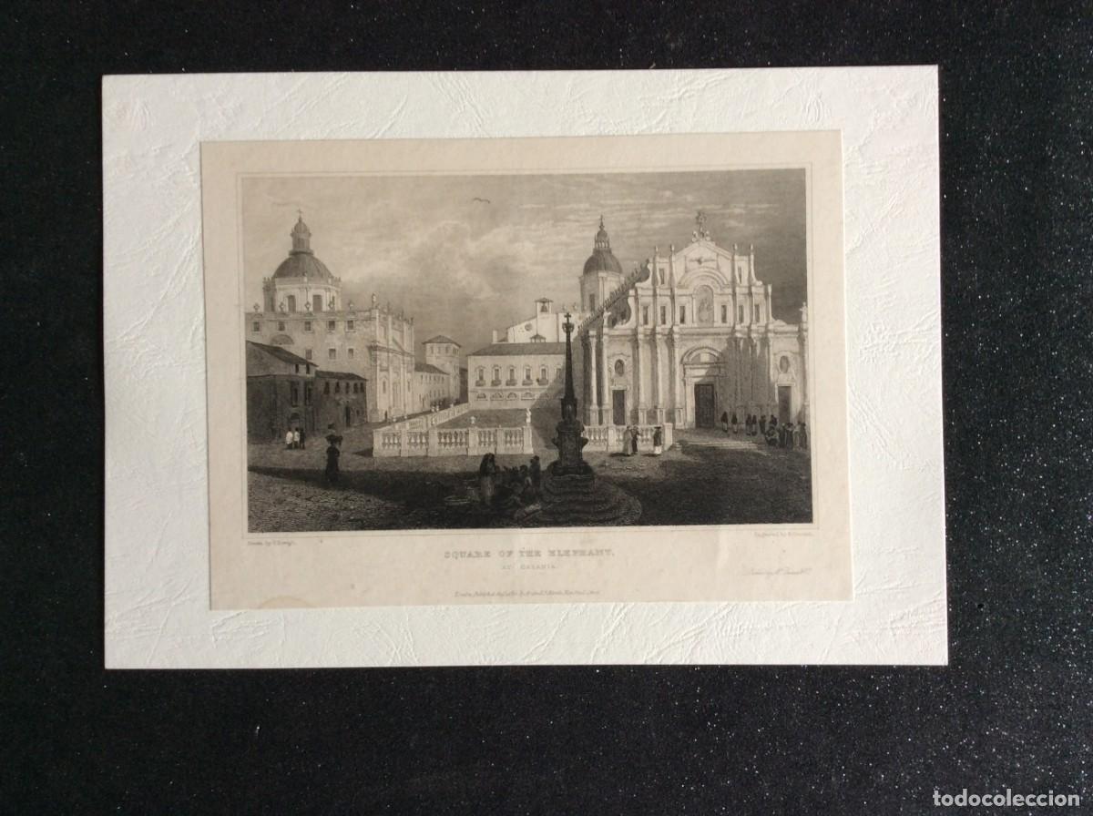 Arte: Square of the Elephant, at Catania, 1822. Gravura rara em a&ccedil;o original de Edward Goodall