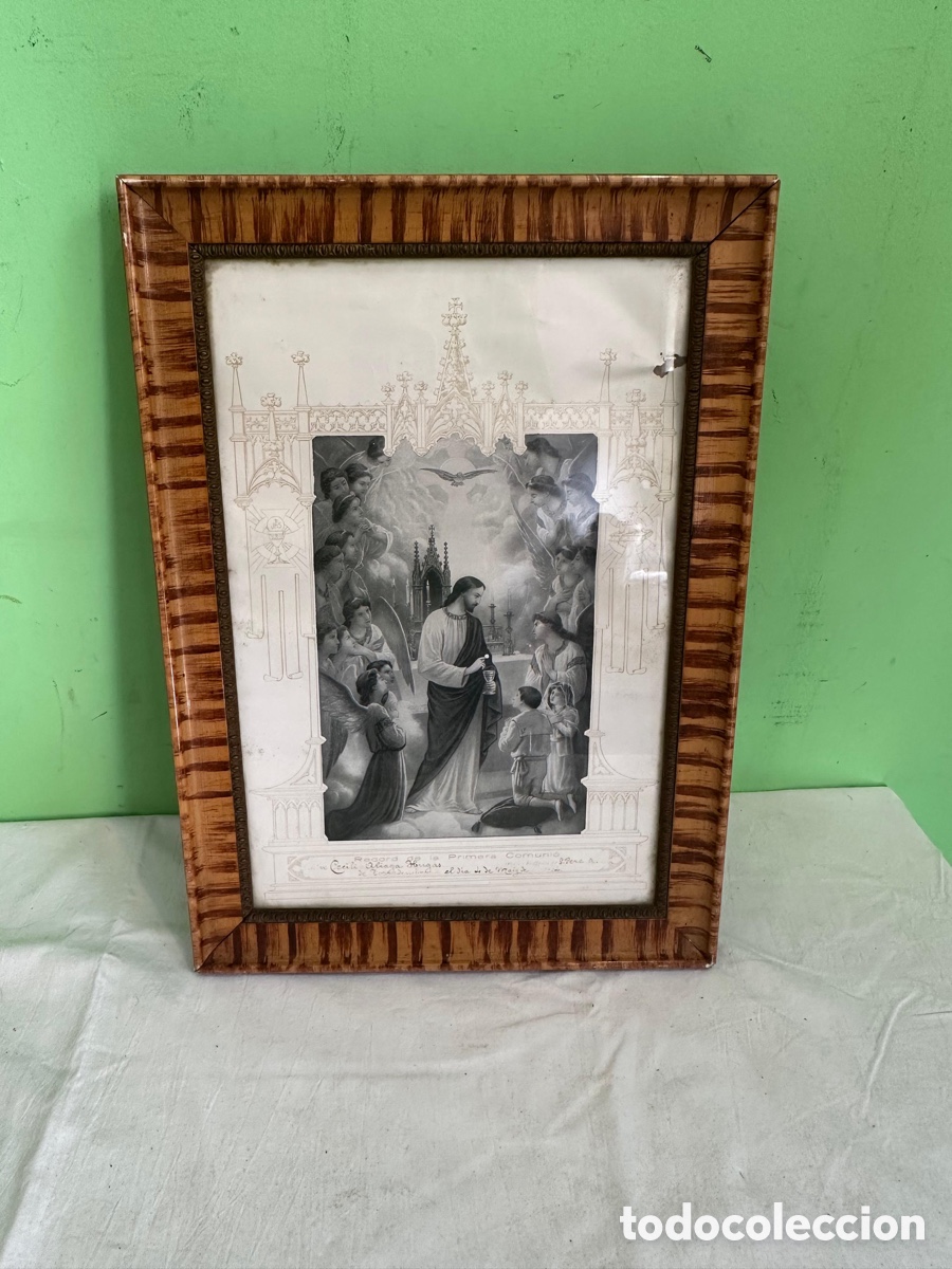 Arte: Antiguo cuadro religioso Primera Comuni&oacute;n 1929 grabado original marco madera de &eacute;poca