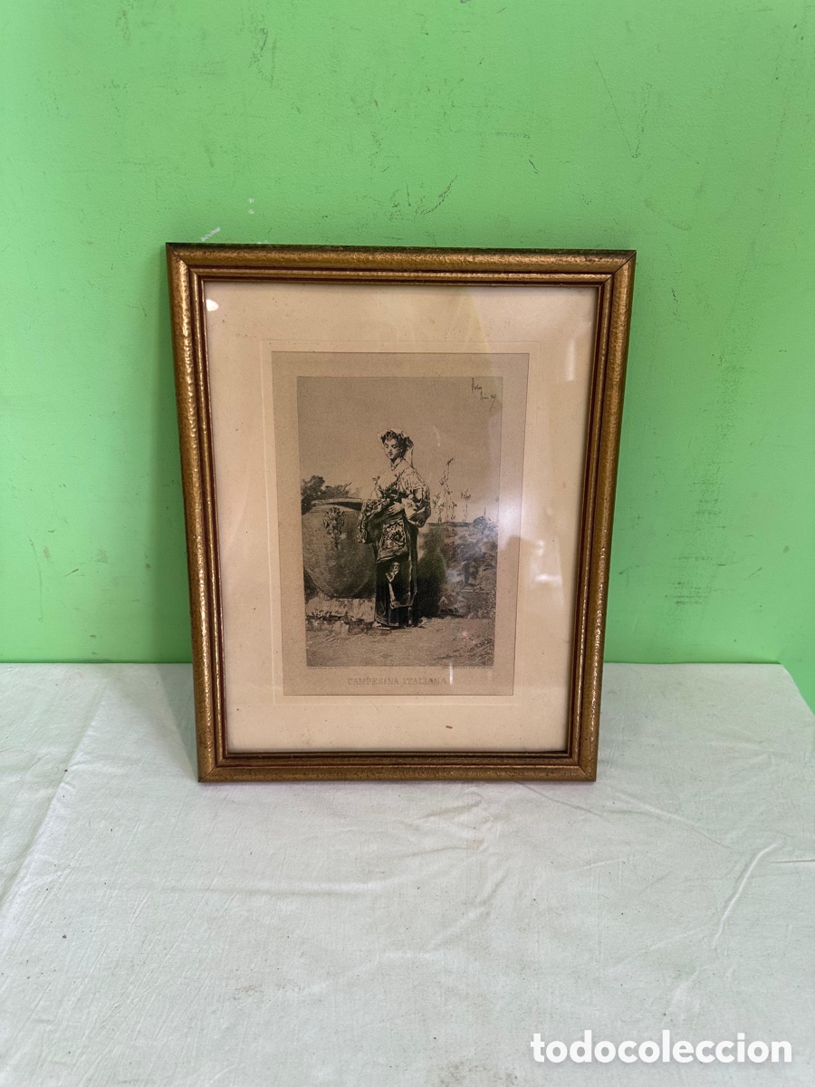 Arte: Antiguo Grabado original al agua fuerte art&iacute;stico Campesina Italiana firmado Fortuny roma 1867.
