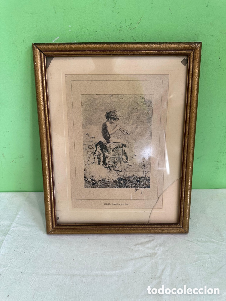 Arte: Mariano Fortuny y Marsal grabado original al aguafuerte &ldquo;Idilio&rdquo; firmado siglo XIX enmarcado