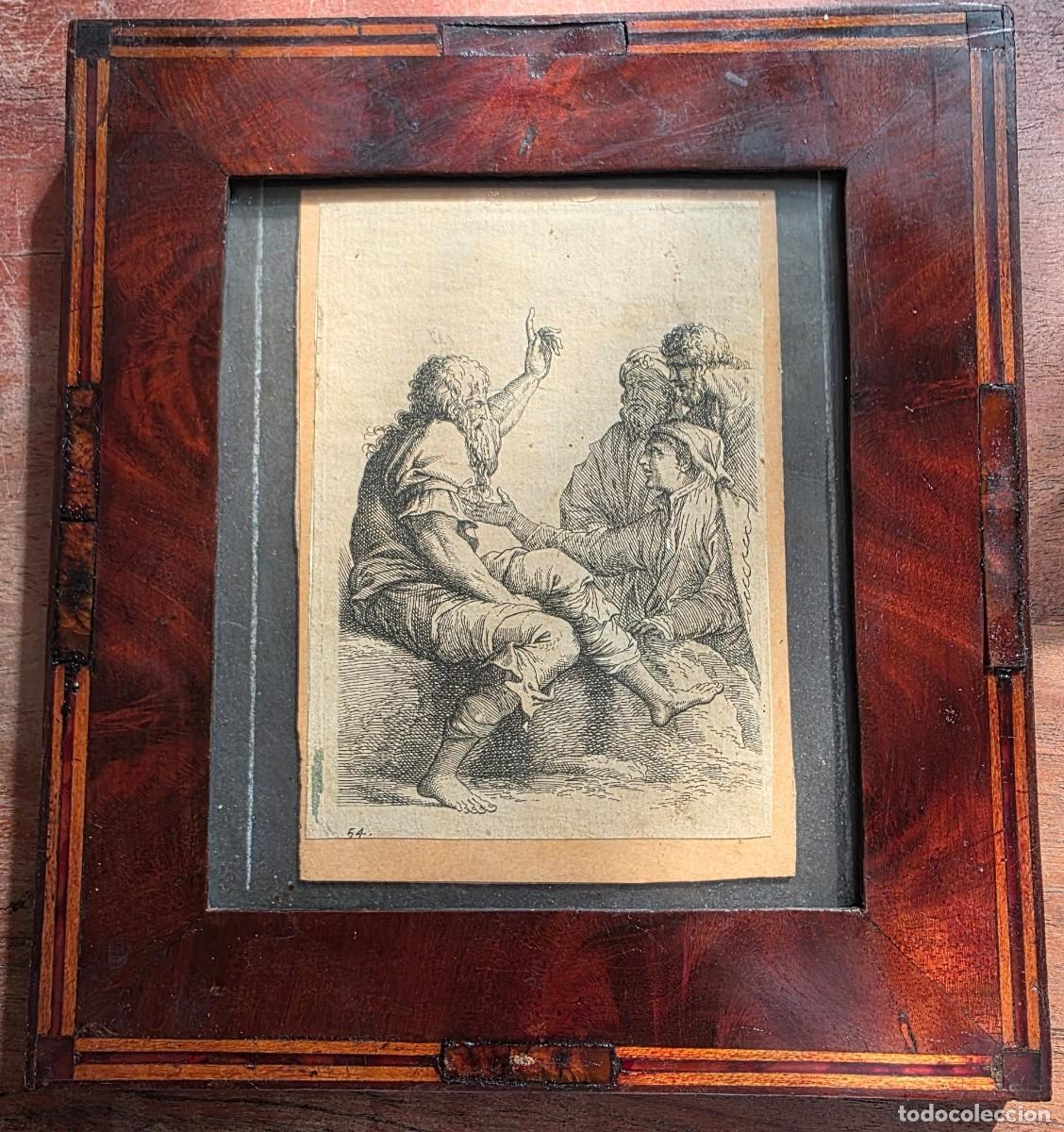 Arte: Grabado antiguo escena b&iacute;blica o cl&aacute;sica enmarcado con marqueter&iacute;a madera 24x21 cm