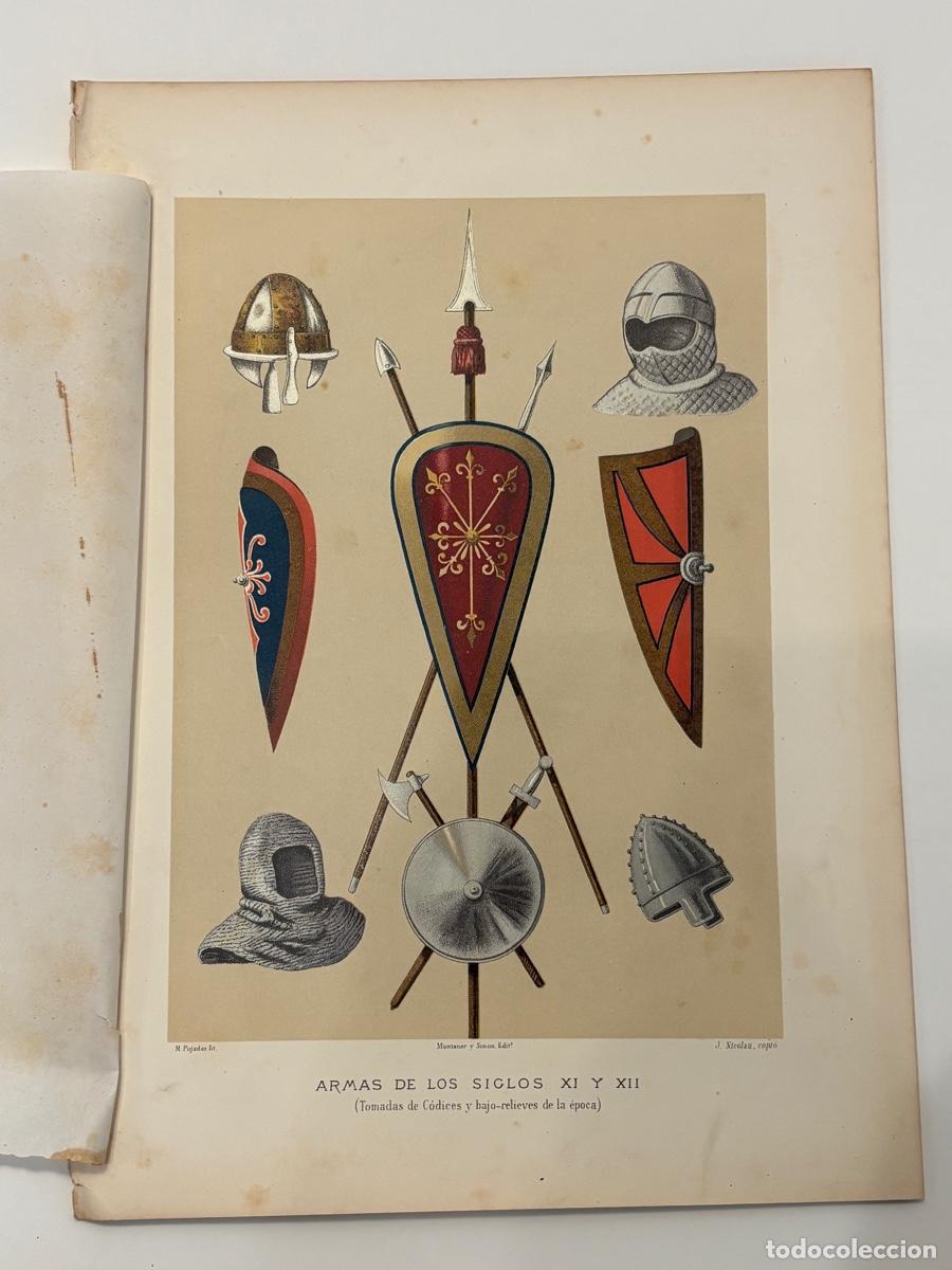 Arte: L&aacute;mina hist&oacute;rica s. XIX - Armas de los siglos XI y XII - M. Pujadas