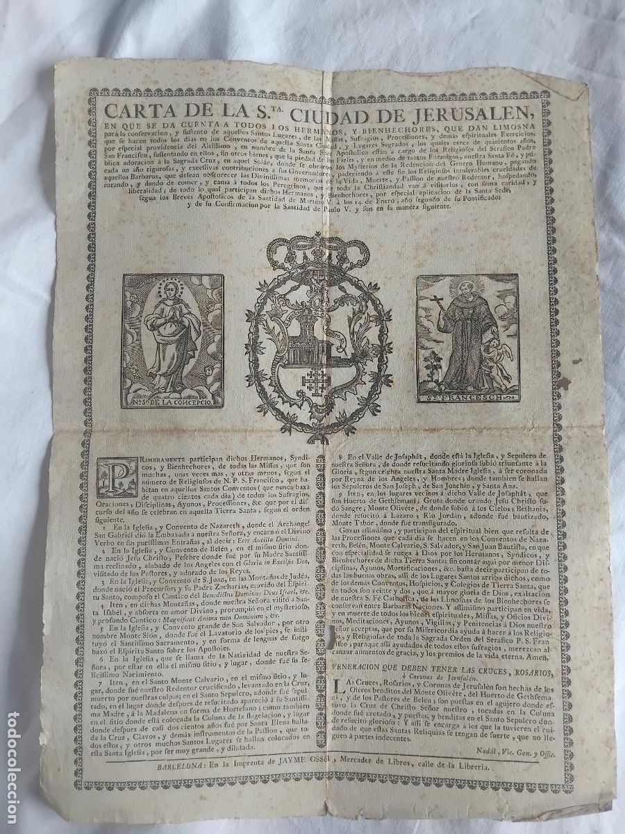 Arte: CARTA DE LA SANTA CIUDAD DE GERUSALEM, GRABADO SIGLO XVIII. JAYME OSSET. MERCADER DE LIBROS.