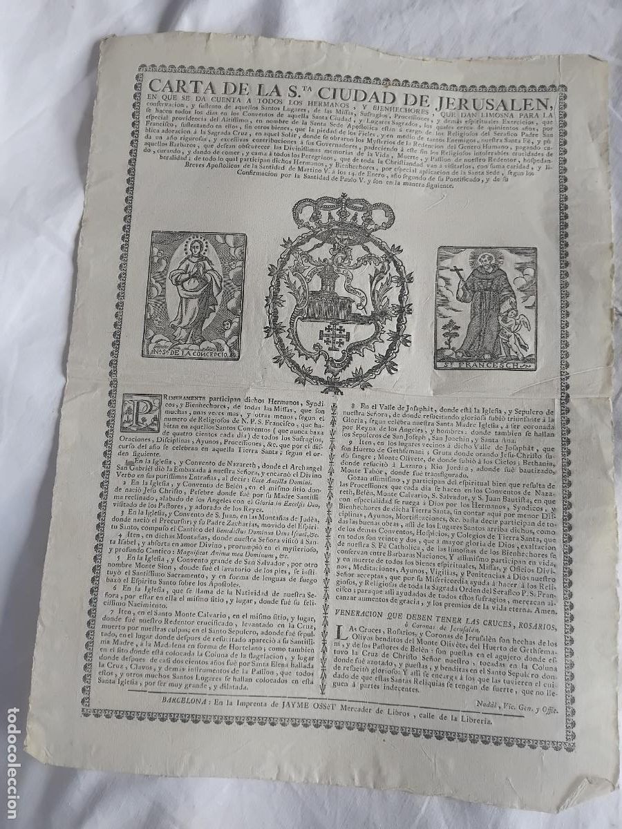 Arte: CARTA DE LA SANTA CIUDAD DE GERUSALEM, GRABADO SIGLO XVIII. JAYME OSSET. MERCADER DE LIBROS.